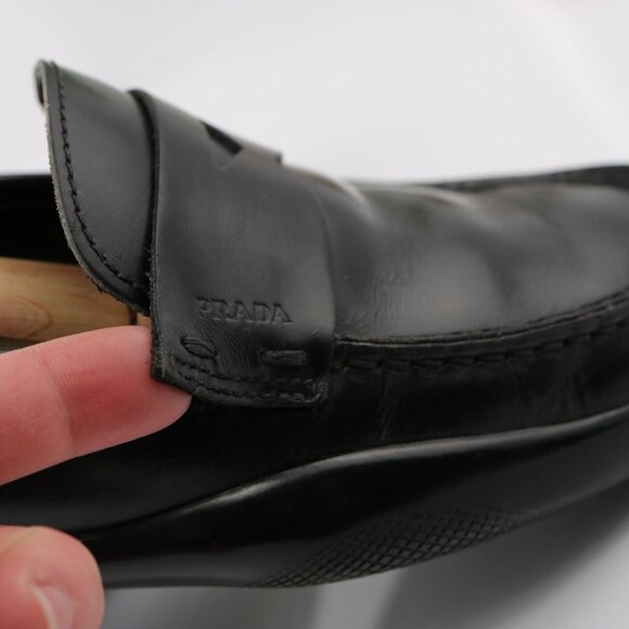 Prada Women Spazzolato Rois Penny Loafer Size 6 Black Leather Vibram Linea Rosa - Picture 5 of 12